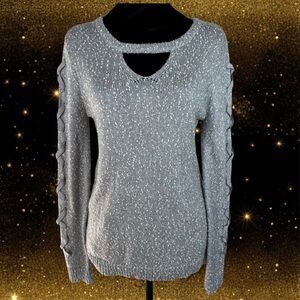 Rock And Republic Women’s Ribbon Sleeve Sweater, Keyhole, Gray, Hi Low, Small